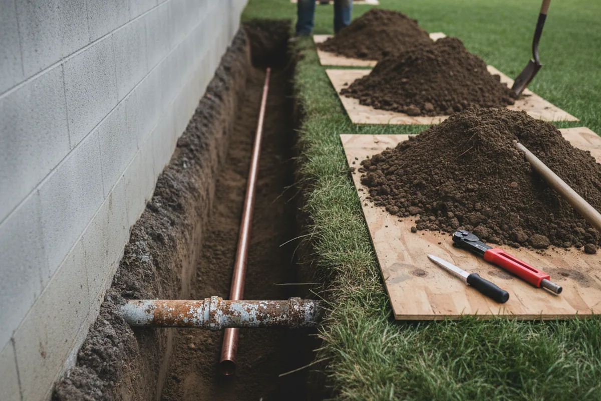 Excavated water line trench during Sewer Line Repair in Drakesville
